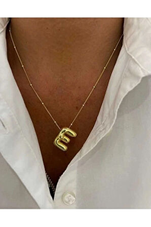 Üç Boyutlu Çelik E Harfli Balon Gold Renk Kolye