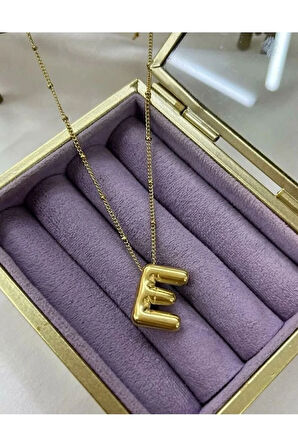 Üç Boyutlu Çelik E Harfli Balon Gold Renk Kolye