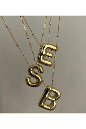 Üç Boyutlu Çelik E Harfli Balon Gold Renk Kolye