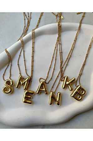 Üç Boyutlu Çelik E Harfli Balon Gold Renk Kolye