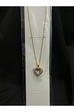 Parlak Taş Detaylı Kalp Şekilli Çelik Kolye