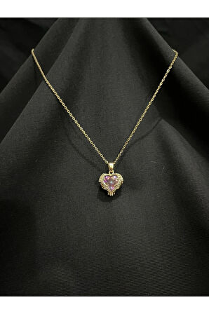 Parlak Taş Detaylı Kalp Şekilli Çelik Kolye