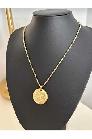 ÇELİK ALTIN KAPLAMA AYETEL KÜRSİ DUALI KOLYE BURGU ZİNCİRLİ (50 CM)