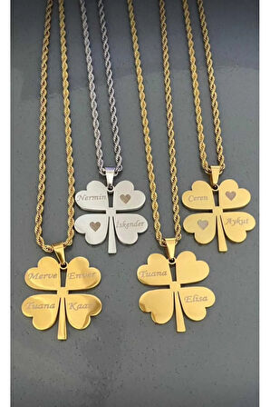 ALTIN KAPLAMA İSİMLİ BURGU ZİNCİRLİ ÇELİK YONCA KOLYE (60 CM)