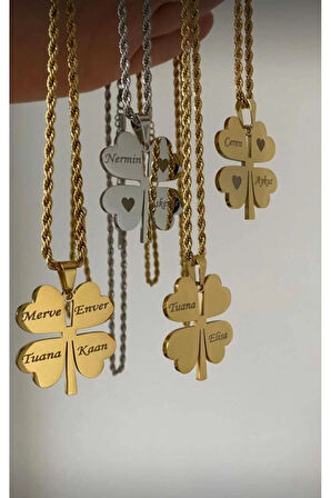 ALTIN KAPLAMA İSİMLİ BURGU ZİNCİRLİ ÇELİK YONCA KOLYE (60 CM)