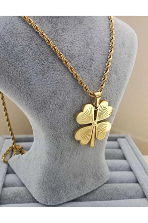 ALTIN KAPLAMA İSİMLİ BURGU ZİNCİRLİ ÇELİK YONCA KOLYE (60 CM)