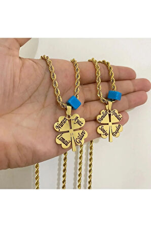 Gold Çelik Burgu Zincir İsimli Yonca Kolye