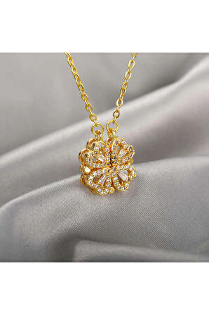 Mıknatıslı Açılıp Kapanabilen Gold Yonca Kolye