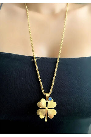 Burgu zincirli kararmaz çelik 4 yapraklı yonca kolye nazarlı