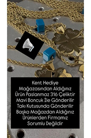 Kent Hediye 60 Cm Çelik Gold Çelik Burgu Zincir Isimli Yonca Kolye(Ürün Takı Kutusunda Gönderilir)