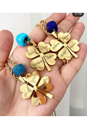 Isimli Mavi Boncuklu Yonca Kolye