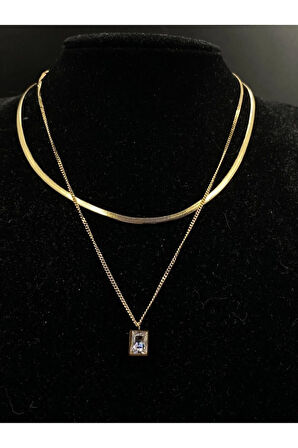 Italyan Zincirli 2'li Kombin Baget Taşlı Çelik Kolye