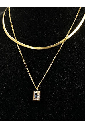 Italyan Zincirli 2'li Kombin Baget Taşlı Çelik Kolye