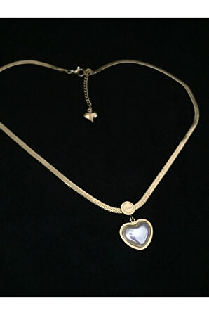 Orijinal Çelik Italyan Ezme Zincir Kalpli Sedefli Kolye Kararmaz