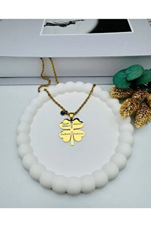 Kişiye Özel İsimli 4 Yapraklı Yonca Burgu Kolye Uzun Arpa Çelik Zincir (60 Cm)