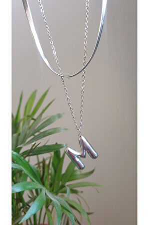 İTALYAN HARFLİ KOLYE İKİLİ BALON M HARFLİ ÇELİK KOLYE 45 CM İTALYAN 55 CM ZİNCİRLİ BİRLEŞİK KADIN