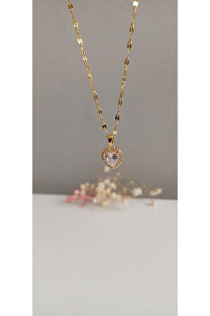 ÇELİK KOLYE KADIN BAGET TAŞLI KALPLİ  KOLYE 316L KARARMAZ RENK ATMAZ  45 CM ANTİ ALERJİK