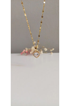 ÇELİK KOLYE KADIN BAGET TAŞLI KALPLİ  KOLYE 316L KARARMAZ RENK ATMAZ  45 CM ANTİ ALERJİK