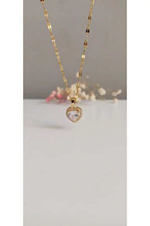 ÇELİK KOLYE KADIN BAGET TAŞLI KALPLİ  KOLYE 316L KARARMAZ RENK ATMAZ  45 CM ANTİ ALERJİK