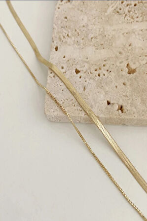 Kadın Trend Gold Italyan Zincir 2li Kombin Çelik Kolye