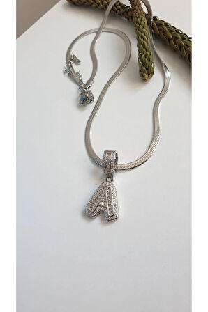 ÇELİK HARFLİ KOLYE KADIN TAŞLI BAGET BALON  A HARFLİ VİP SERİ A HARF 45 CM FMACCESORİES