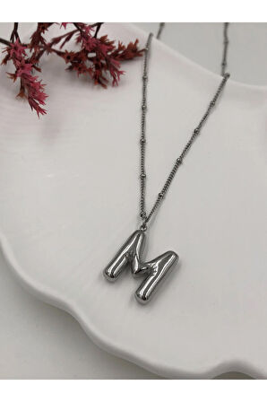 Çelik (M) Harfli Balon Kolye Antialerjik harf kolye M harfi balon bubble çelik 45 CM FMACCESORİES