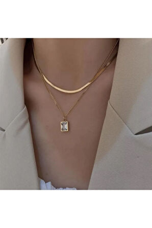 Paslanmaz Çelik Italyan Ezme Zincir Katmanlı Zirkon Taş Altın Kaplama 2'li Kadın Kolye