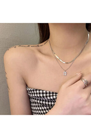 Paslanmaz Çelik Italyan Ezme Zincir Katmanlı Zirkon Taş Baget 2'li Kadın Kolye Gümüş