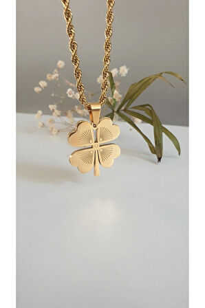 Çelik Yonca Kolye Kadın 316l Kararmaz Renk Garantilidir 14 K Gold 60 Cm 4 Isim Yazılabilir