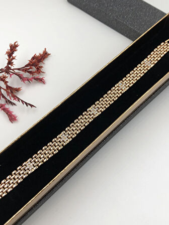 Her Kombine Uygun! Xuping Taşlı Altın Renk Kadın Bileklik Rose Bakır Renk 19 Cm kutulu Renk Atmaz