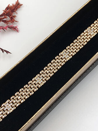 Her Kombine Uygun! Xuping Taşlı Altın Renk Kadın Bileklik Rose Bakır Renk 19 Cm kutulu Renk Atmaz