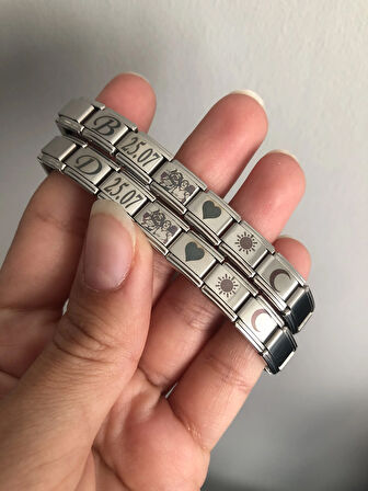 İtalyan Charm Çelik Bileklik 6 adet İstediğini Yazdır Fotoğraf Tarih Harf 2 li Sevgili Bileklik