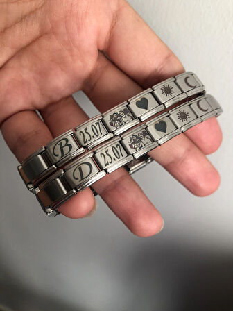 İtalyan Charm Çelik Bileklik 6 adet İstediğini Yazdır Fotoğraf Tarih Harf 2 li Sevgili Bileklik