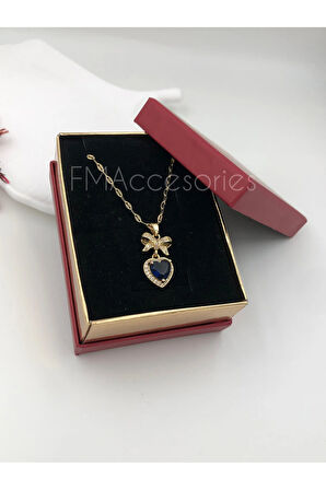 Çelik Kadın Kolye Paslanmaz Çelik 14k Gold Mavi Taşlı 45 cm Kolye Antialerjik HEDİYE KUTULU