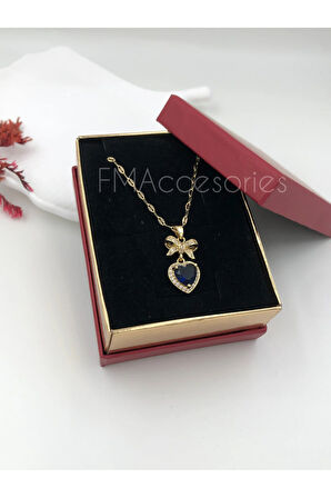 Çelik Kadın Kolye Paslanmaz Çelik 14k Gold Mavi Taşlı 45 cm Kolye Antialerjik HEDİYE KUTULU