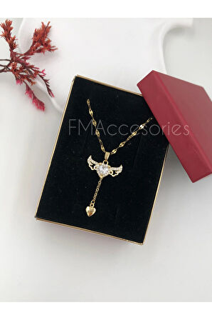 Çelik Kadın Kolye Paslanmaz 14k Gold 45 cm Sallanan Melek Kanadı Antialerjik HEDİYE KUTULU