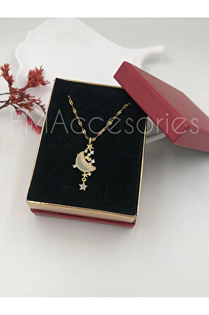 Çelik Kadın Kolye Paslanmaz 14k Gold 45 cm Ay Kolye Çelik Antialerjik HEDİYE KUTULU