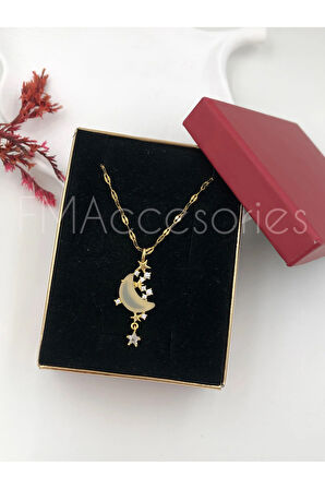 Çelik Kadın Kolye Paslanmaz 14k Gold 45 cm Ay Kolye Çelik Antialerjik HEDİYE KUTULU