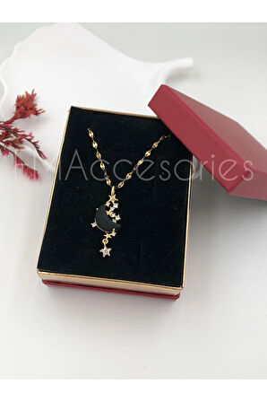 Çelik Kadın Kolye Paslanmaz 14k Gold 45 cm Ay Kolye Çelik Antialerjik HEDİYE KUTULU