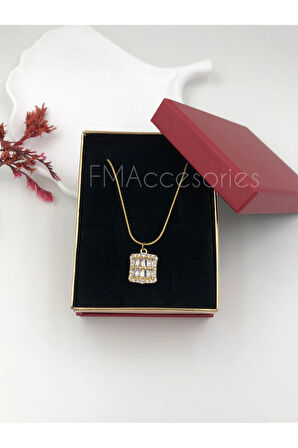 Çelik Kadın Kolye Paslanmaz 14k Gold 45 cm Kare Baget Taşlı Çelik Antialerjik HEDİYE KUTULU