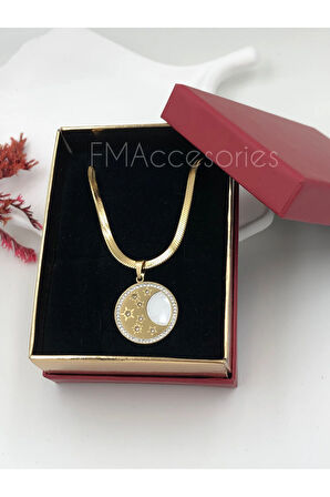 Çelik Kadın Kolye Paslanmaz Çelik 14k Gold Italyan Zincir ZirkonYıldızlı Kadın 45 cm Kolye