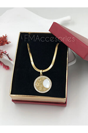 Çelik Kadın Kolye Paslanmaz Çelik 14k Gold Italyan Zincir ZirkonYıldızlı Kadın 45 cm Kolye