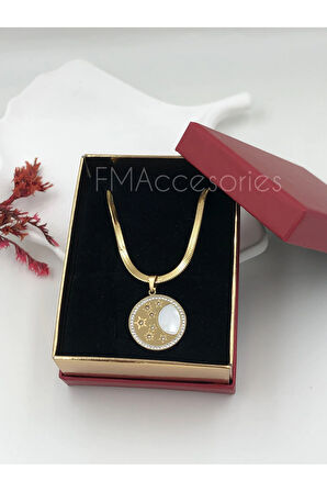 Çelik Kadın Kolye Paslanmaz Çelik 14k Gold Italyan Zincir ZirkonYıldızlı Kadın 45 cm Kolye