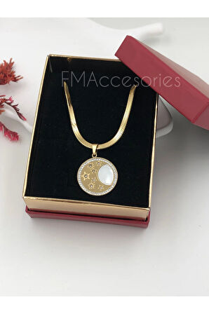 Çelik Kadın Kolye Paslanmaz Çelik 14k Gold Italyan Zincir ZirkonYıldızlı Kadın 45 cm Kolye