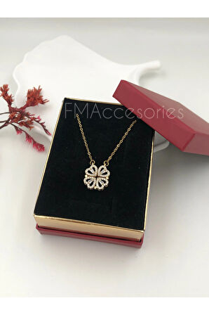 Çelik Kadın Kolye Paslanmaz Çelik 14k Gold Açılır Kapanır Kalpli Yonca Kolye Kadın 45 cm Kolye