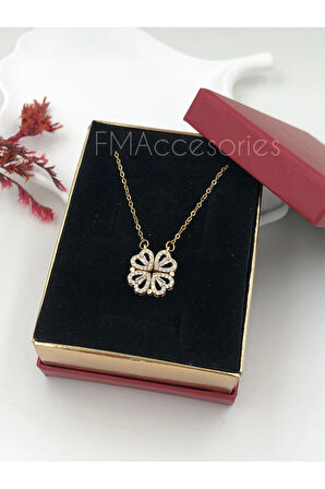 Çelik Kadın Kolye Paslanmaz Çelik 14k Gold Açılır Kapanır Kalpli Yonca Kolye Kadın 45 cm Kolye