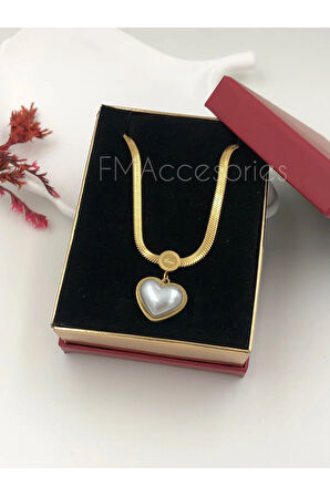 Çelik Kadın Kolye Paslanmaz Çelik 14k Gold Italyan Ezme Zincir Mineli Kalpli Kadın 45 cm Kolye