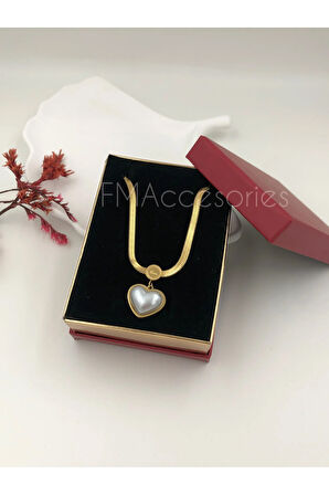 Çelik Kadın Kolye Paslanmaz Çelik 14k Gold Italyan Ezme Zincir Mineli Kalpli Kadın 45 cm Kolye