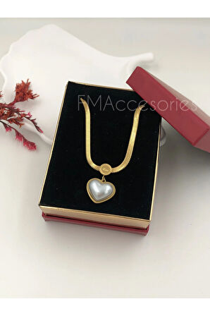 Çelik Kadın Kolye Paslanmaz Çelik 14k Gold Italyan Ezme Zincir Mineli Kalpli Kadın 45 cm Kolye