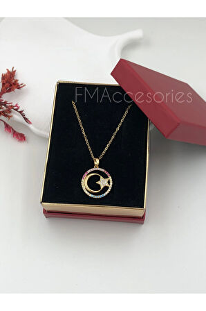 Çelik Kadın Kolye Paslanmaz Çelik 14k Gold Ay Ve Yıldız Kırmızı Mavi Özel Seri Kadın 45 cm Kolye